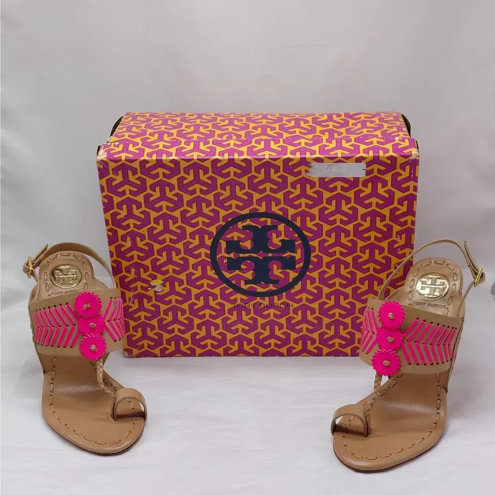Tory Burch Womens High Heel Sandals Size 7.5 Tan Pink Leather Party Night Out